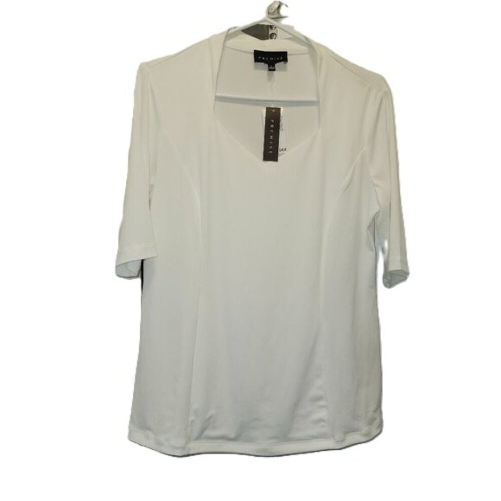 Premise Woman White Stretch Knit Top Size L – Unique Square V-Neck, Elbow Sleeve